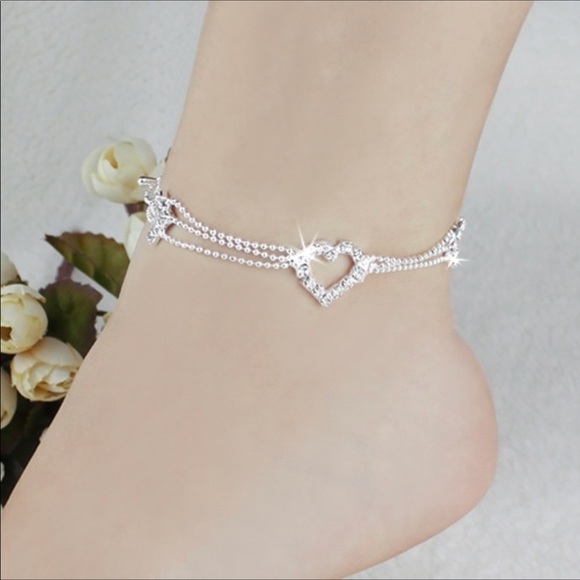 New Silver Plated Bead Ankle Heart Bracelet - Picture 2 of 3